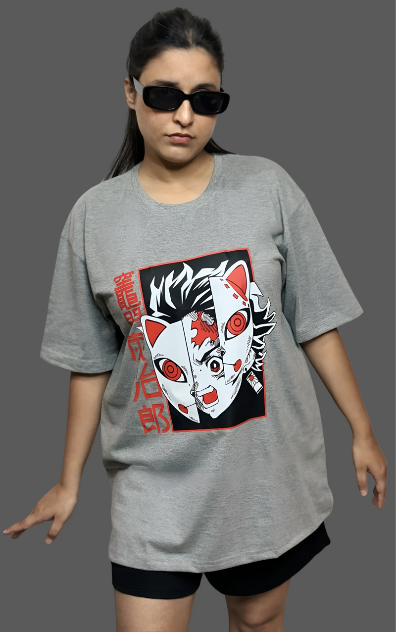 Grey Anime Oversized T-Shirt For Women
